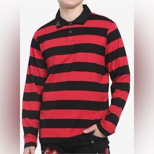 Black & Red Stripe O-Ring Long-Sleeve Polo Shirt